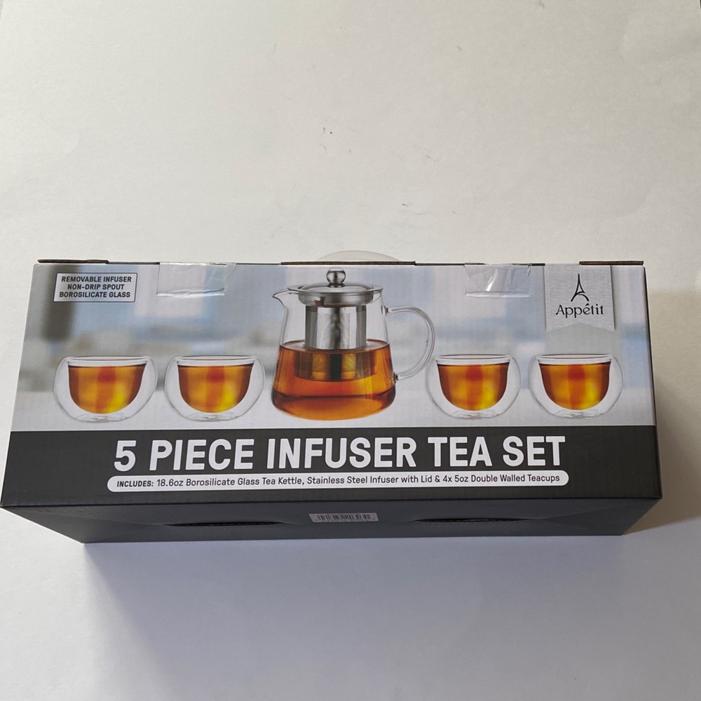 Appetit 5 Piece Infuser Tea Set - Stainless and Borosilicate Glass NIB